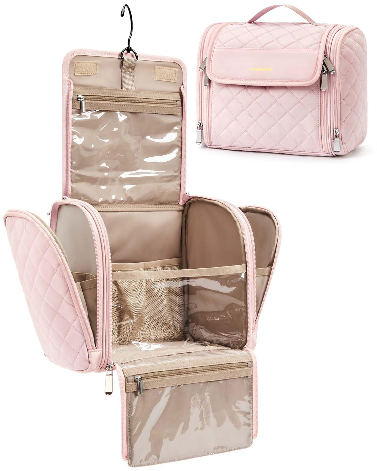 BAGSMART makeup bag hanging hook offers quick access during travel.