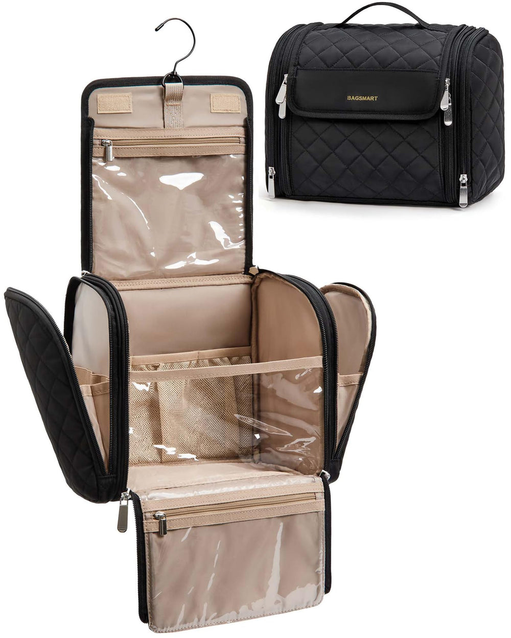 BAGSMART makeup bag main compartment holds full-sized cosmetics and toiletries.