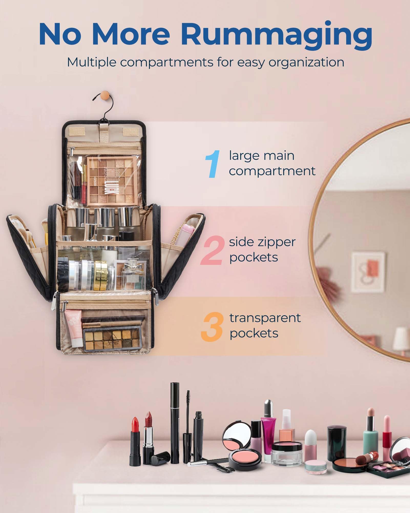 BAGSMART makeup bag open main compartment showing generous capacity