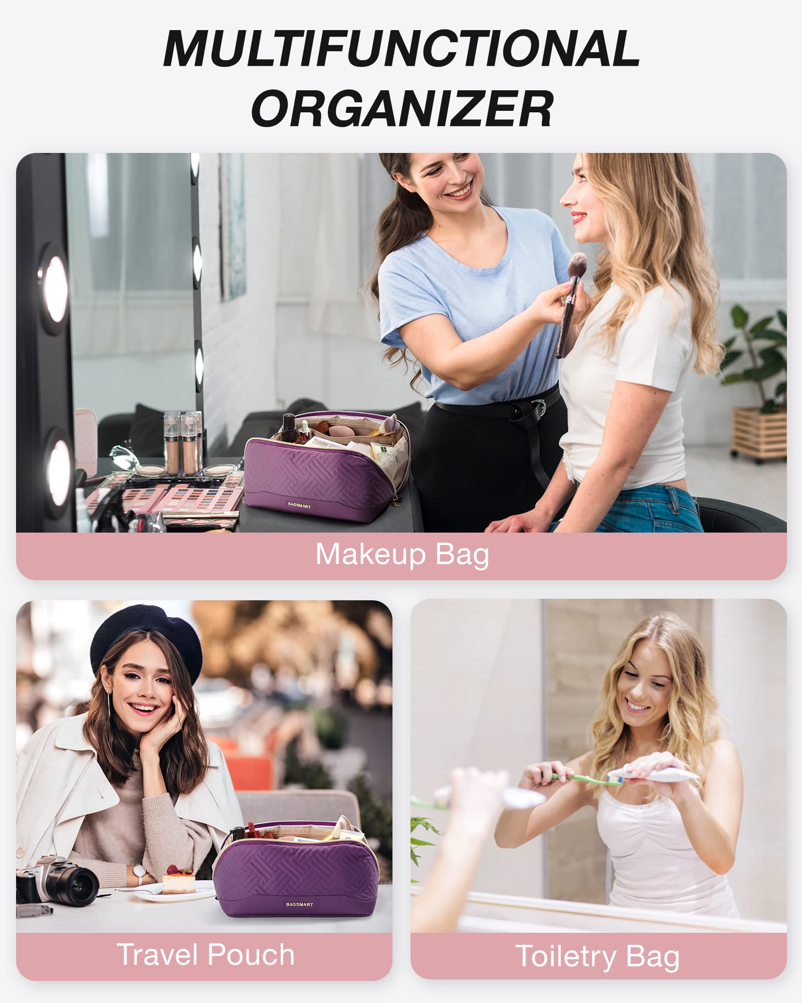 BAGSMART makeup bag purple color blends style with practicality