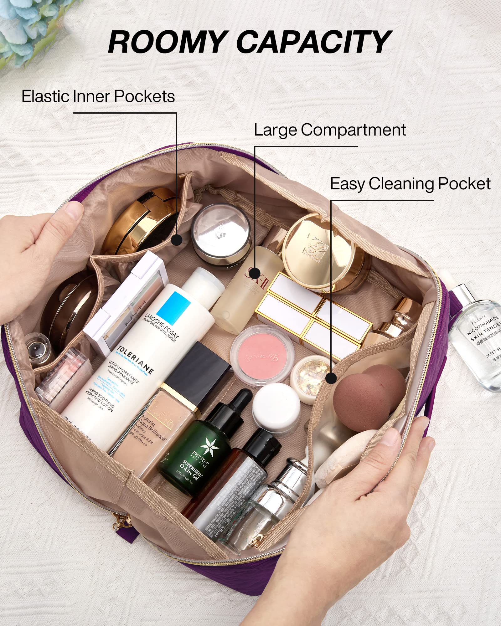 BAGSMART makeup bag with PVC clean pocket for brushes and sponges