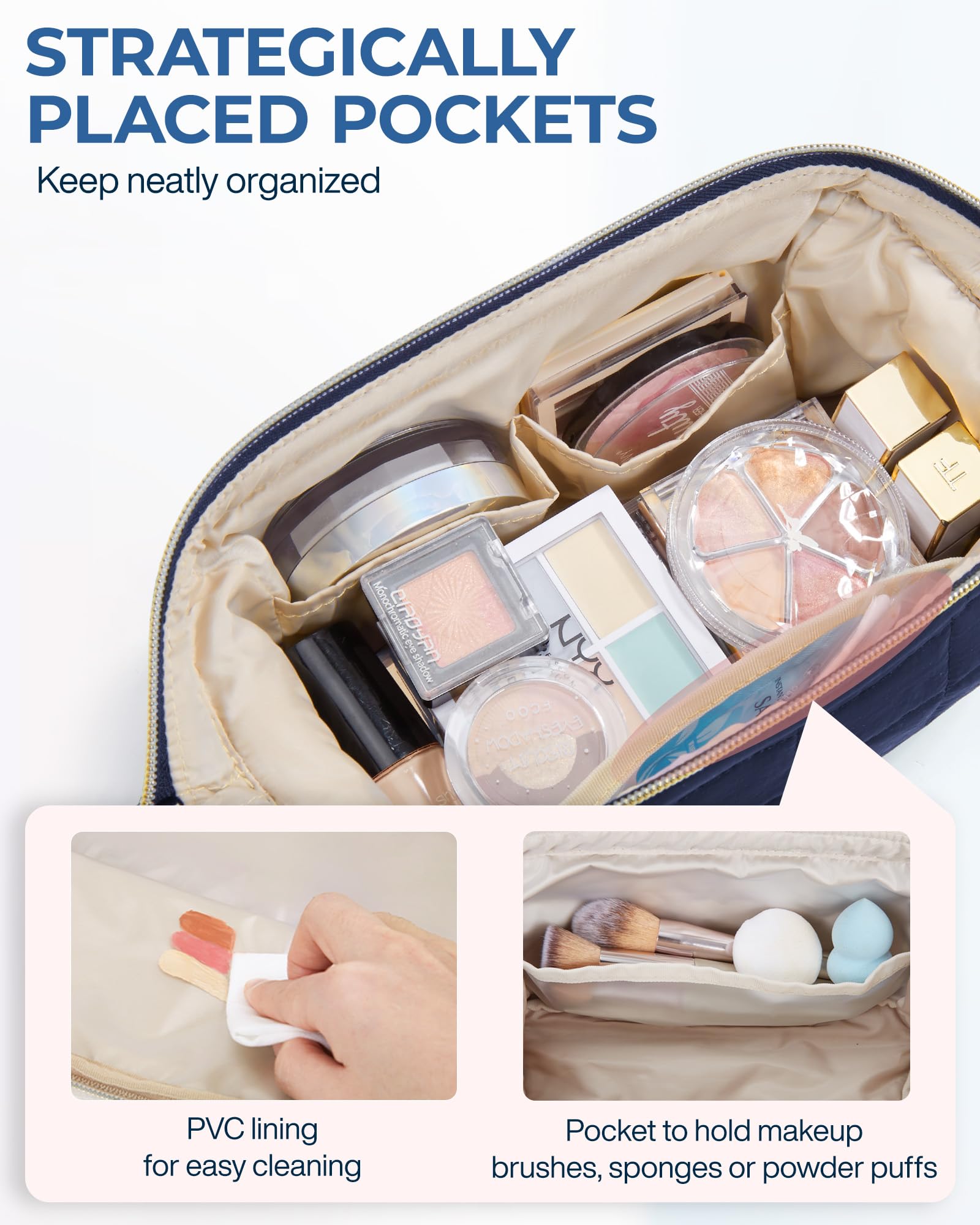 BAGSMART makeup bag PVC-liner pocket protects brushes and prevents spills.