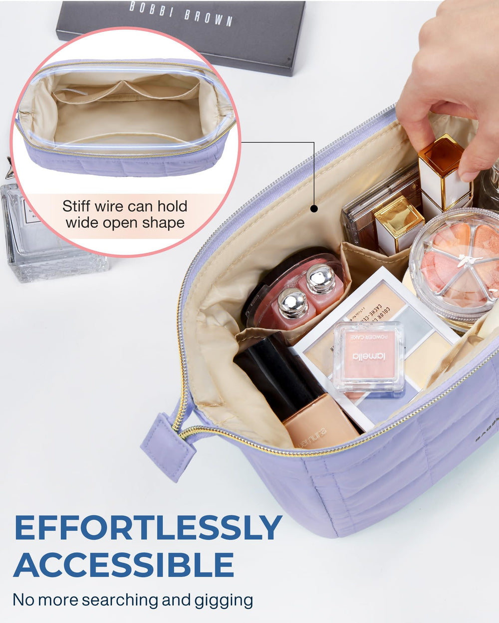 BAGSMART PVC-lined pocket protects brushes and prevents spills on the go.