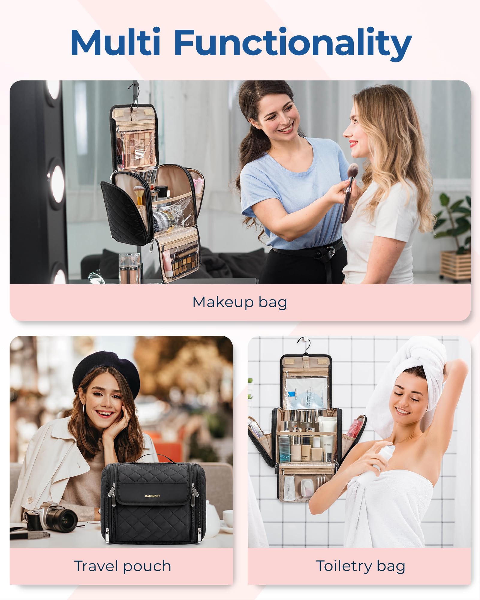 BAGSMART makeup bag transparent pockets enable quick visibility of items.