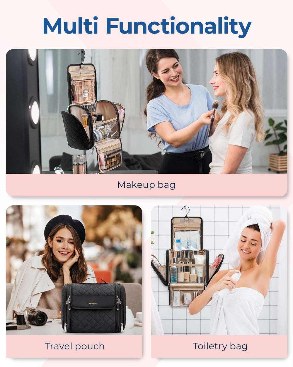 BAGSMART makeup bag transparent pockets enable quick visibility of items.