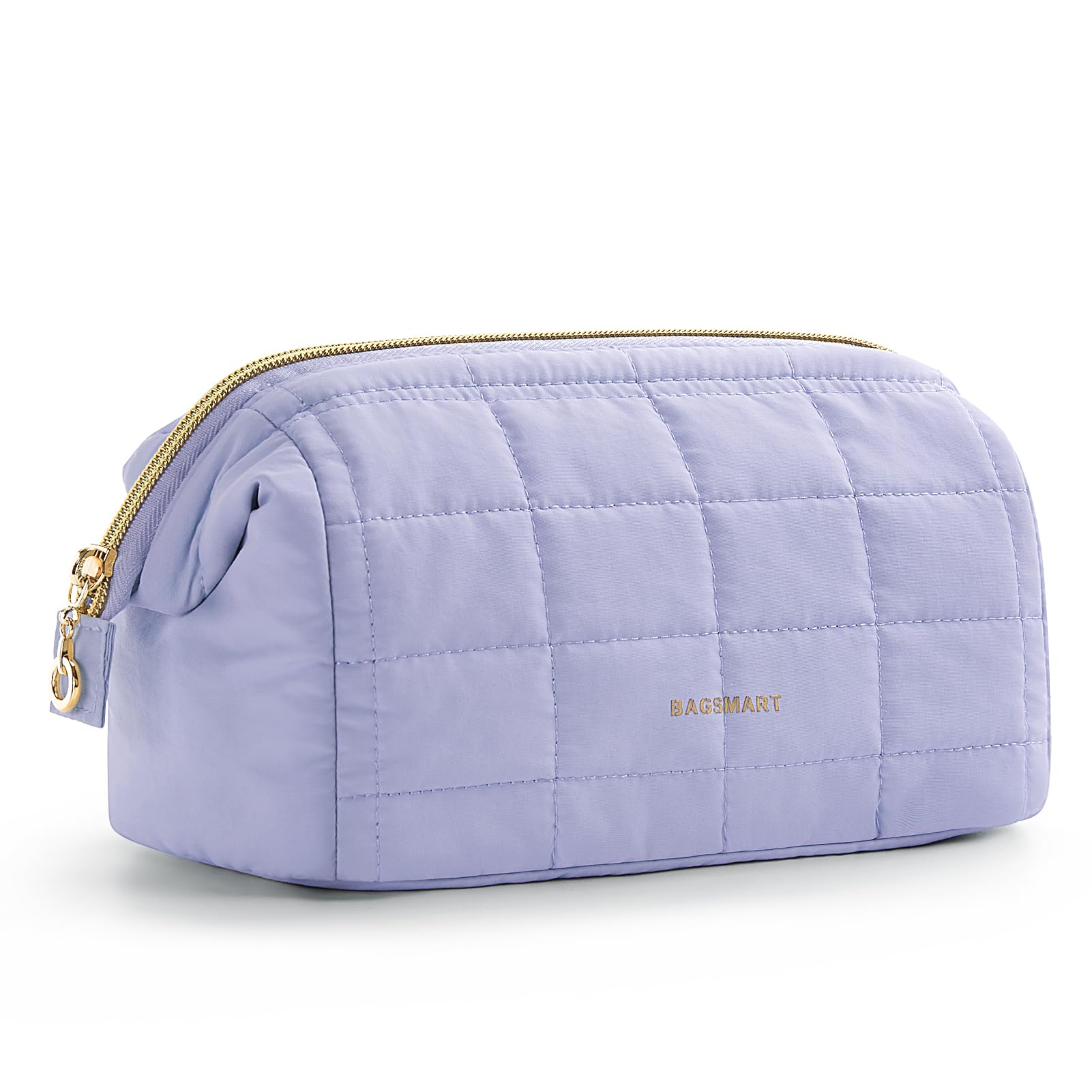 BAGSMART makeup bag with a wide-open purple design for quick access to cosmetics.