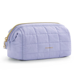 BAGSMART makeup bag with a wide-open purple design for quick access to cosmetics.