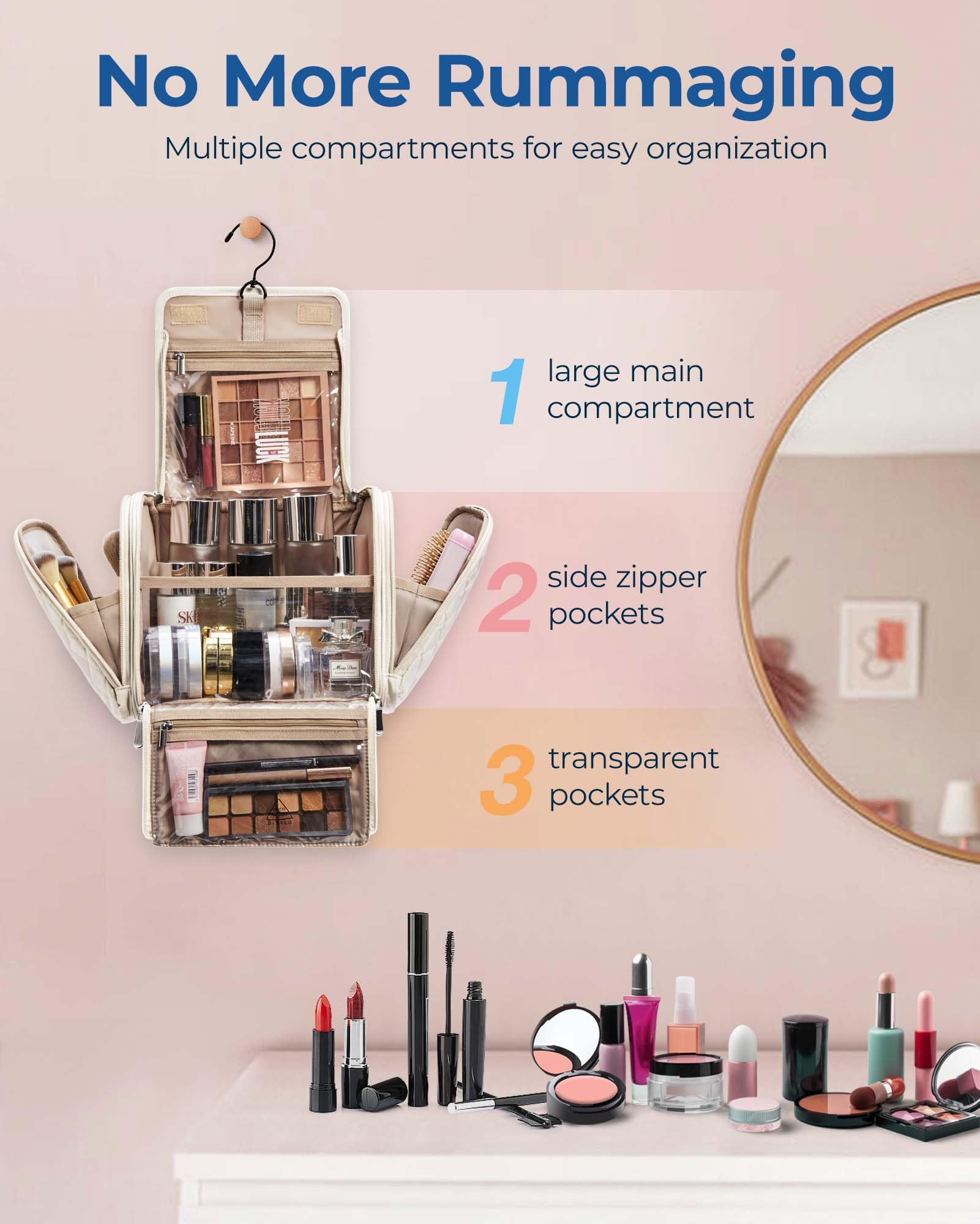 BAGSMART makeup organizer with large capacity for cosmetics and toiletries.