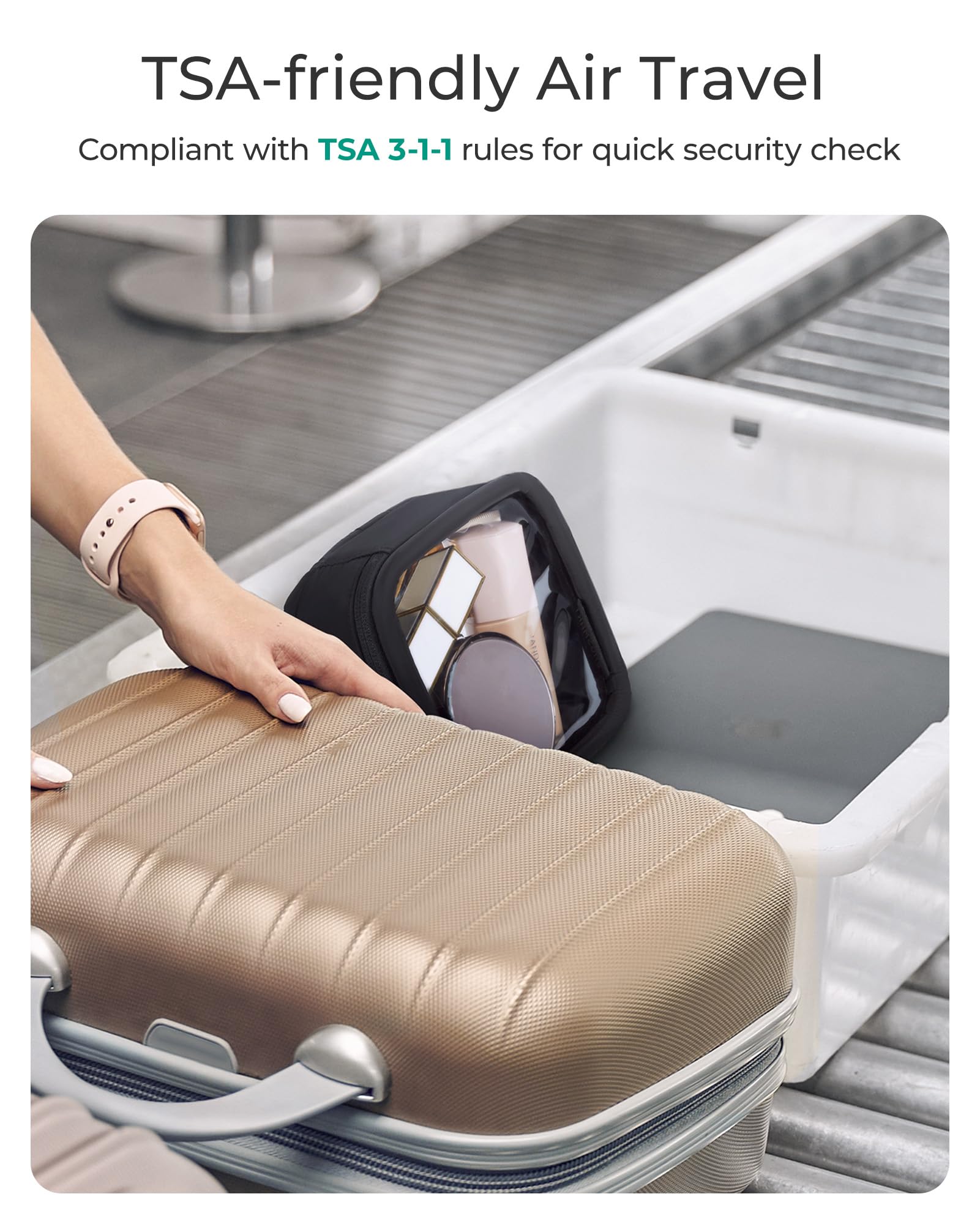 BAGSMART Mini Clear Makeup Bag wide opening allows fast access to essentials during travel.