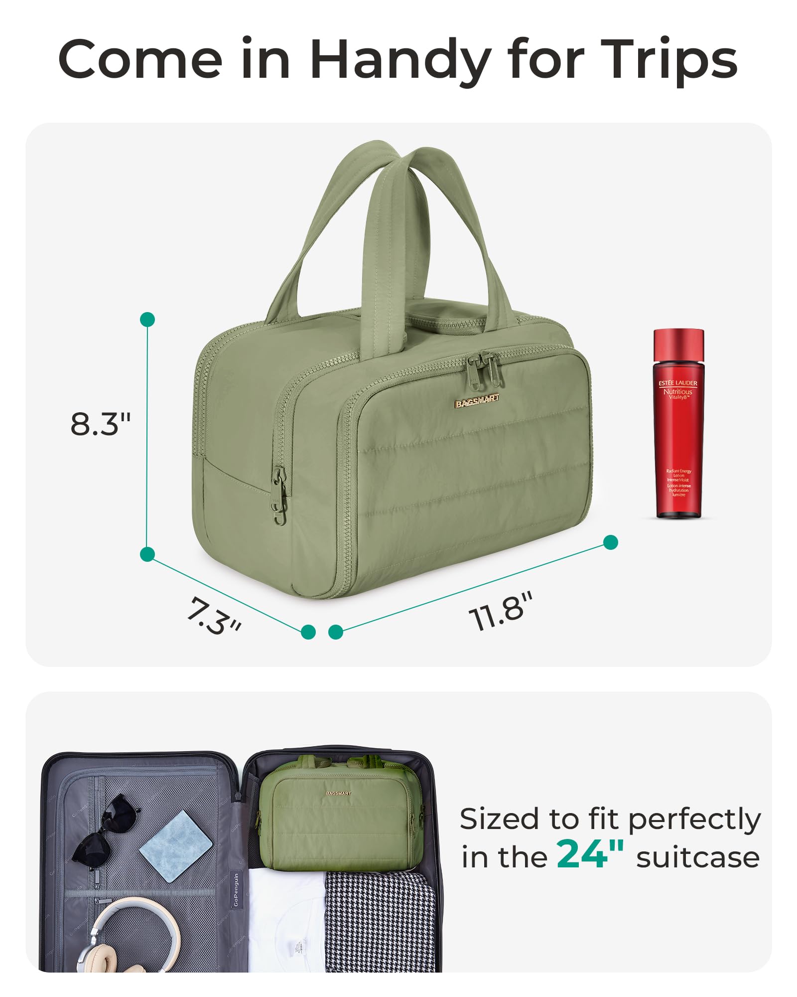 BAGSMART Puffy cosmetic bag green interior pockets organize makeup and skincare efficiently.