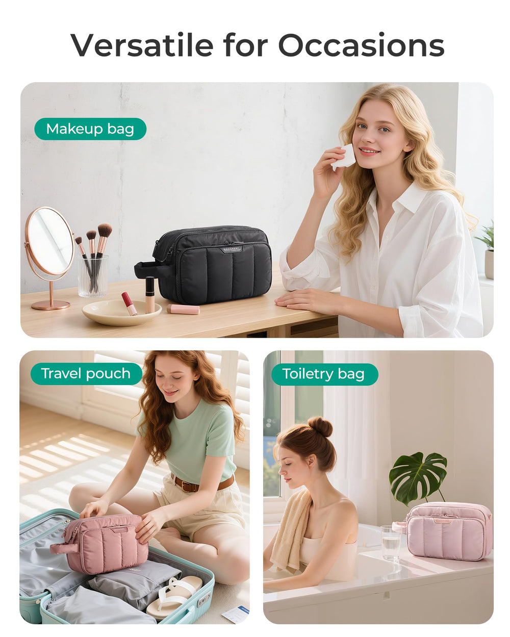 BAGSMART puffy makeup bag with soft material for comfortable travel storage.