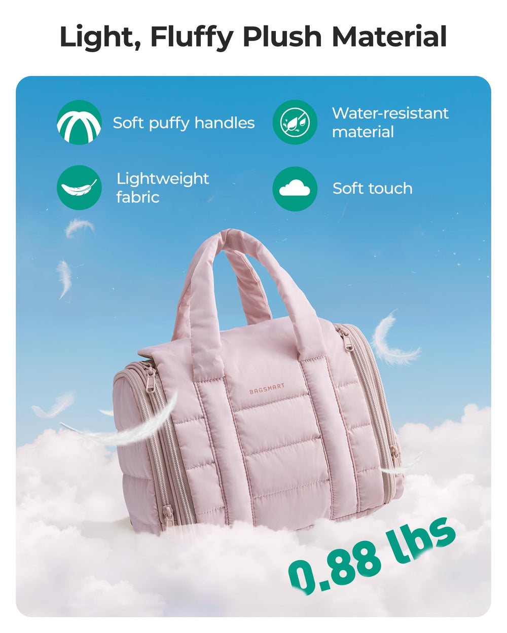 BAGSMART Puffy travel makeup bag camel hanging hook saves counter space