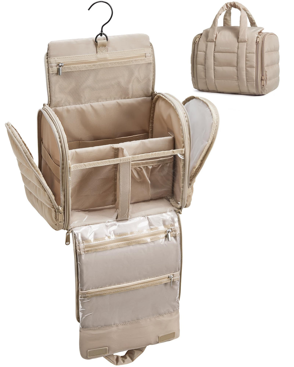 BAGSMART Puffy travel makeup bag camel side view compact cosmetics on the go