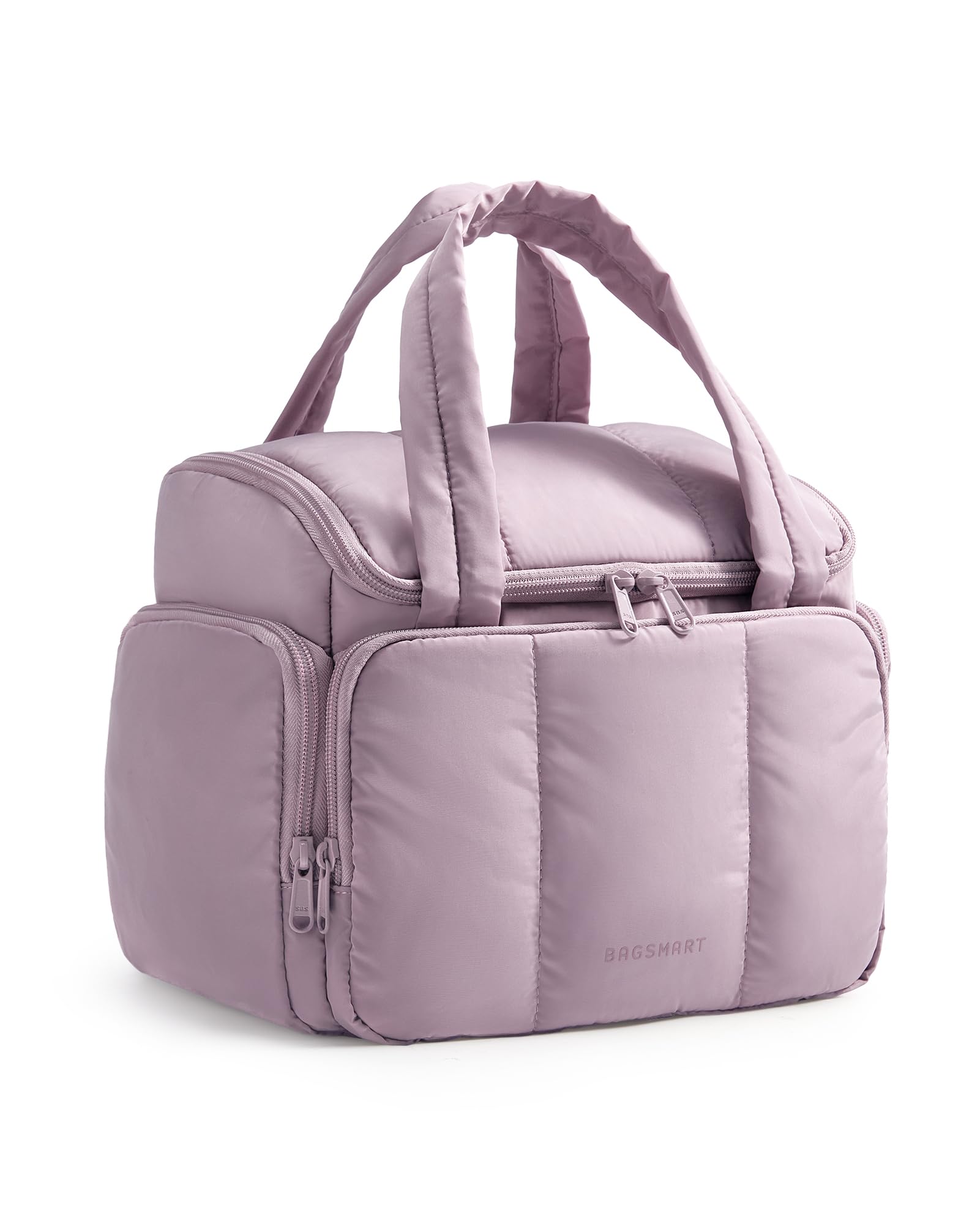 Bagsmart Puffy Travel Toiletry Bag front view shows organized storage for full-sized bottles