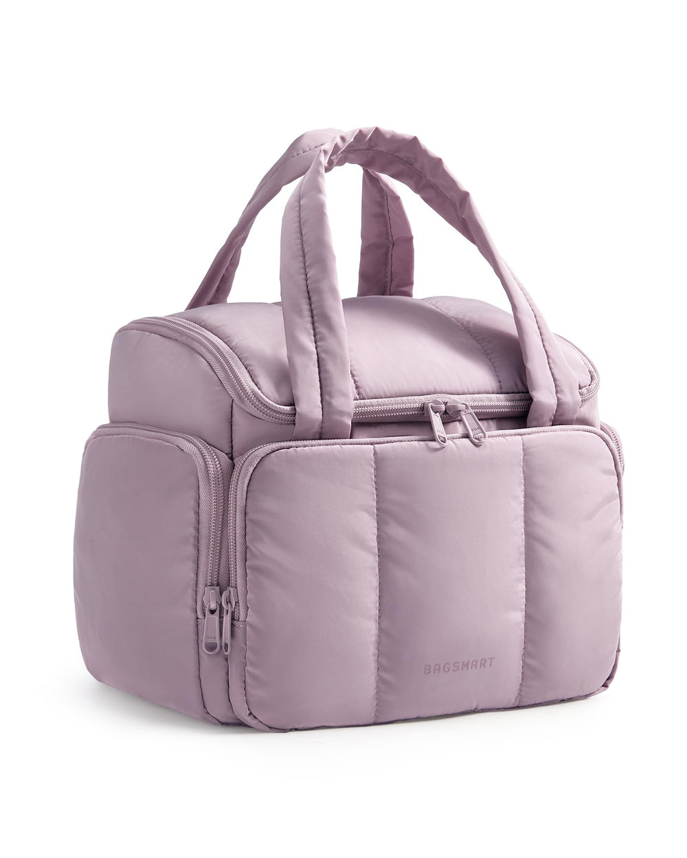 Bagsmart Puffy Travel Toiletry Bag front view shows organized storage for full-sized bottles