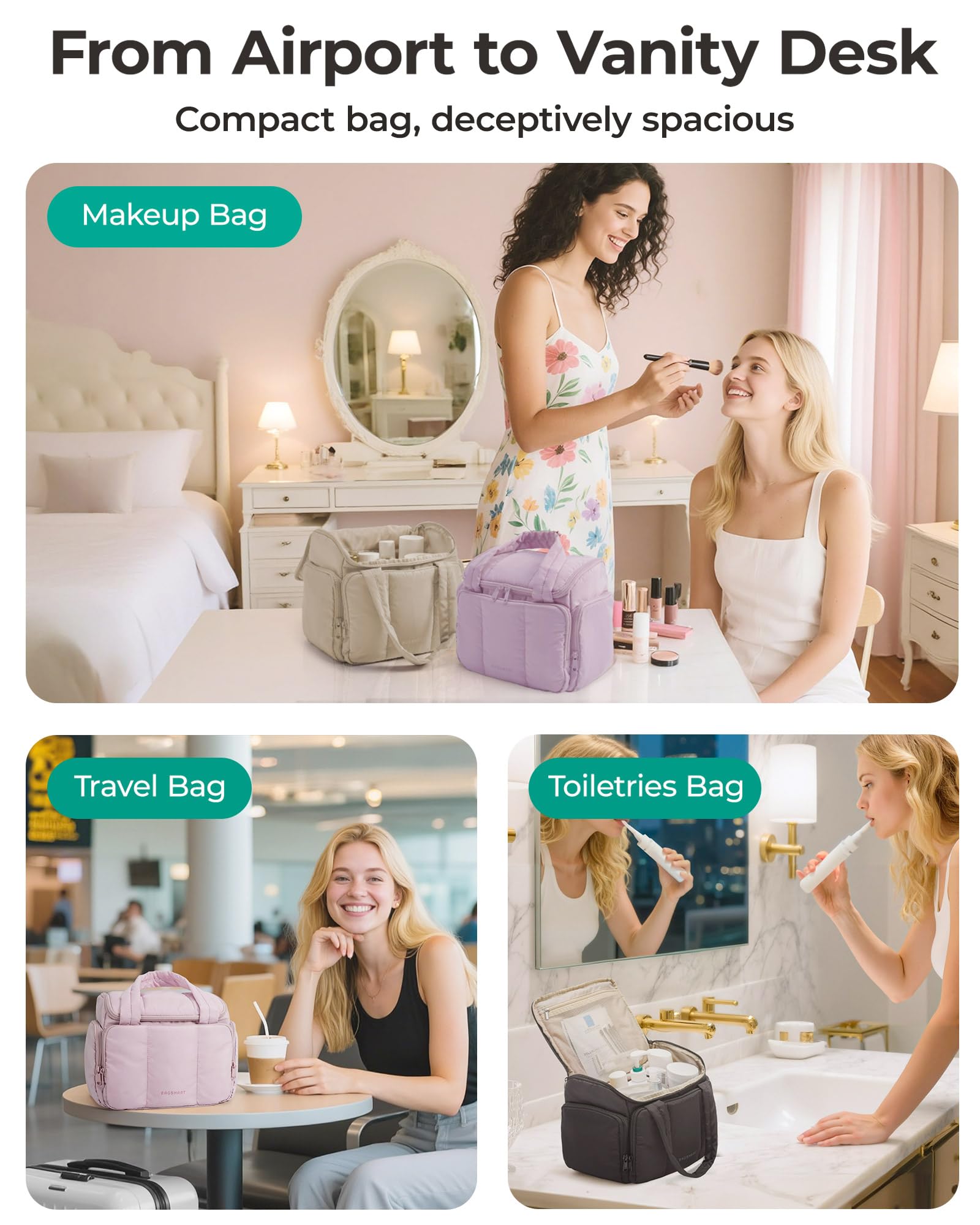 Bagsmart Puffy Travel Toiletry Bag wet-dry pocket keeps damp items separated