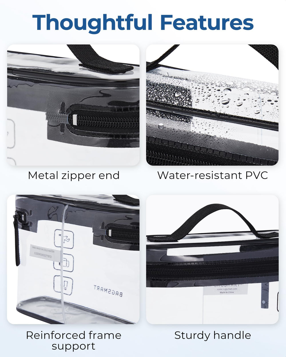 BAGSMART quart-size travel bag fits carry-on essentials inside 8x3x6 inches.