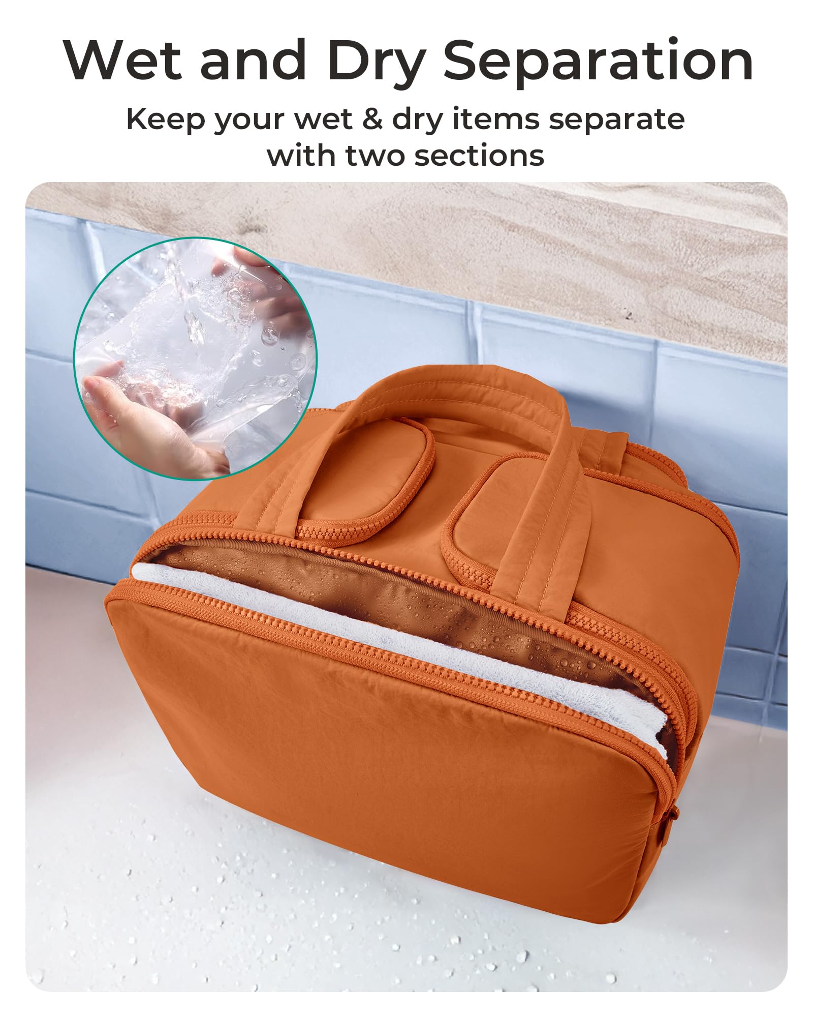 BagSMART Sandstore Brown front pocket waterproof keeps wet items separate.
