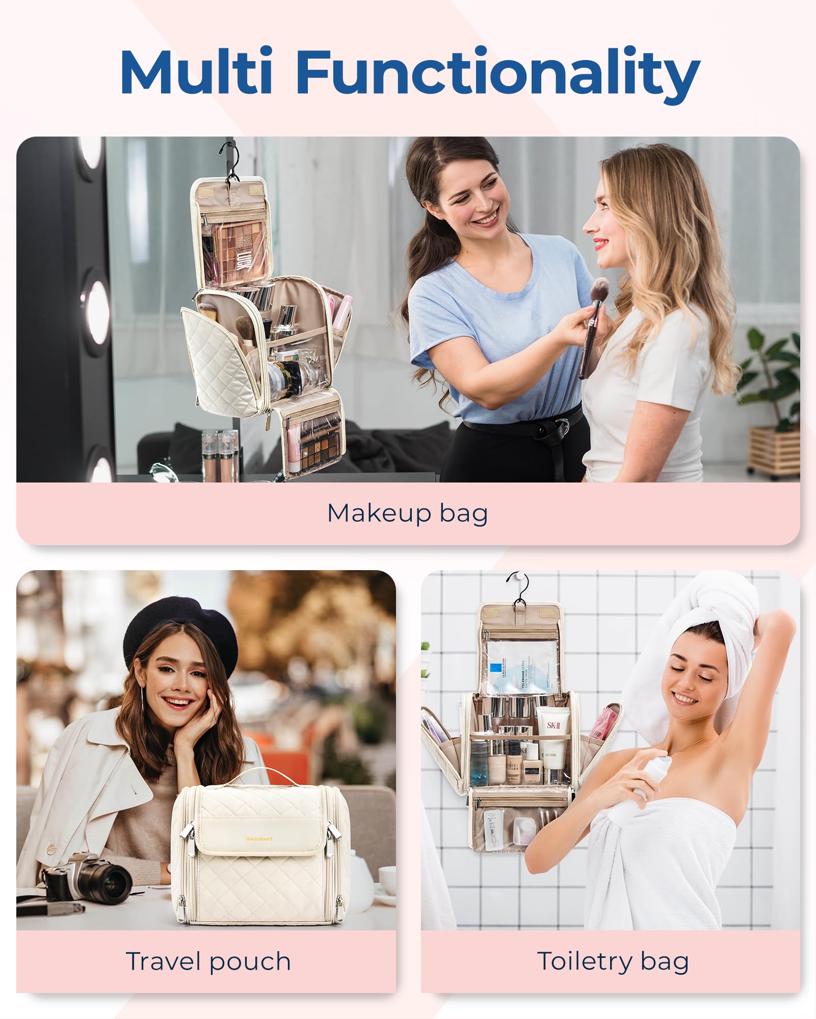 BAGSMART side pocket stores brushes neatly for quick access.