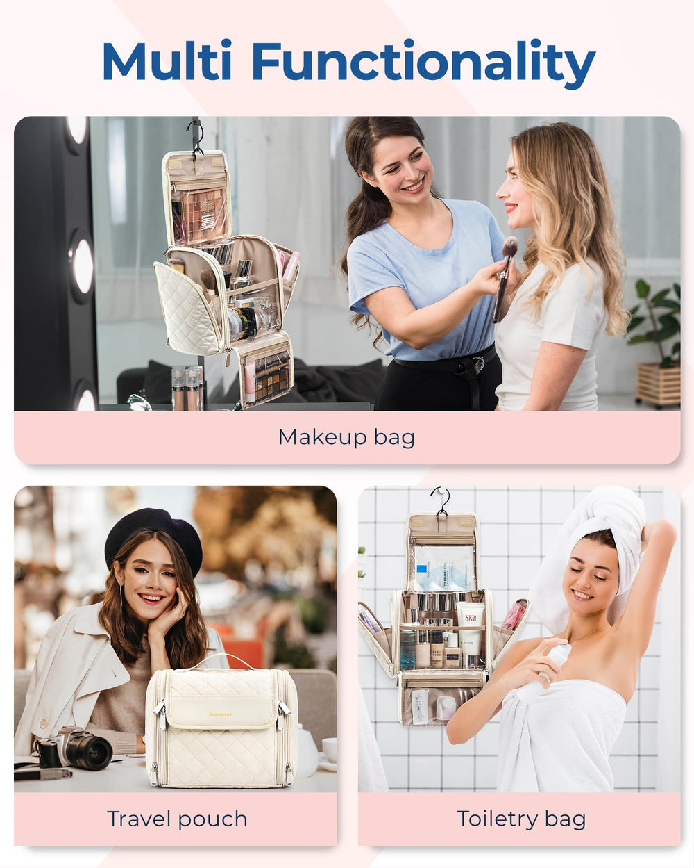 BAGSMART side pocket stores brushes neatly for quick access.