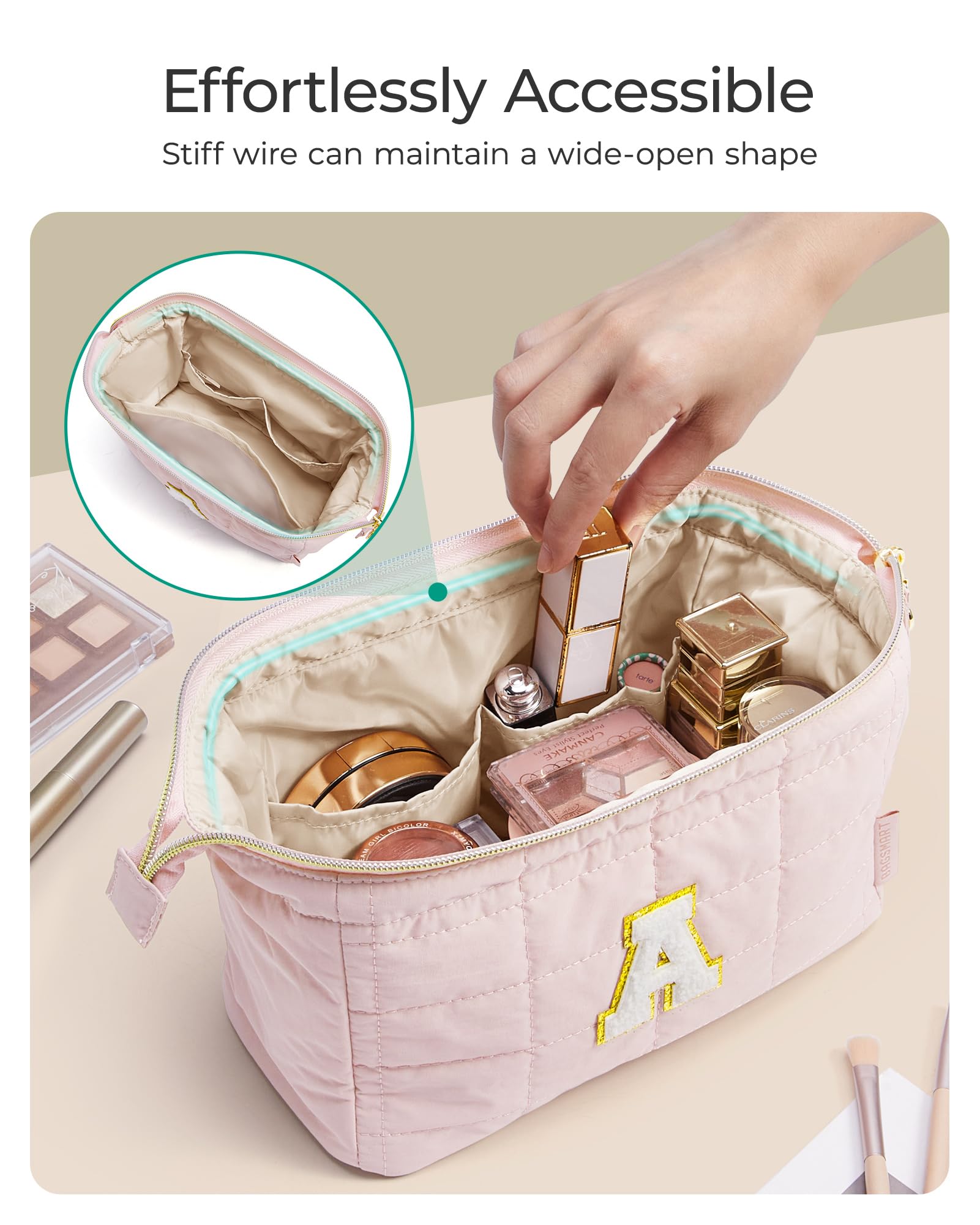 BAGSMART spacious capacity interior pockets for lipsticks and brushes