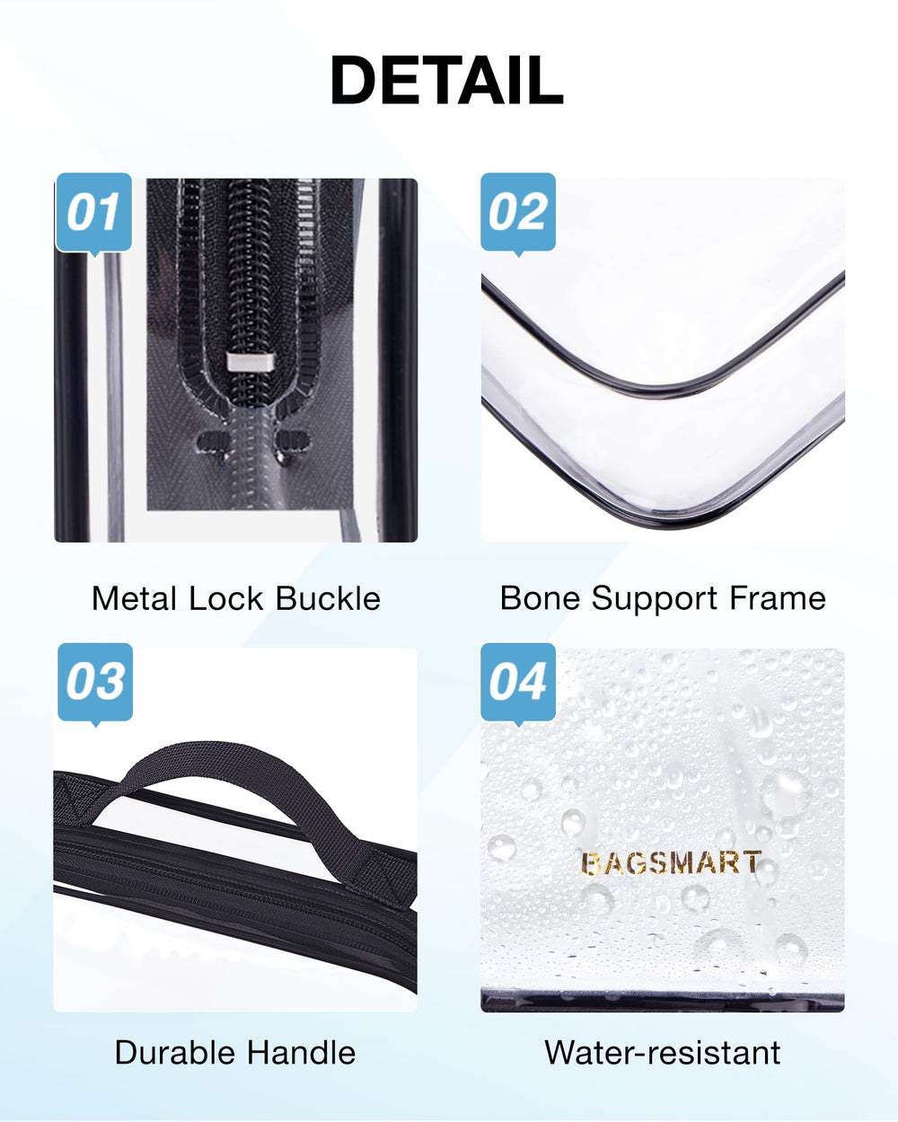 BAGSMART sturdy zipper clear pouch ensuring smooth opening and reliable closure
