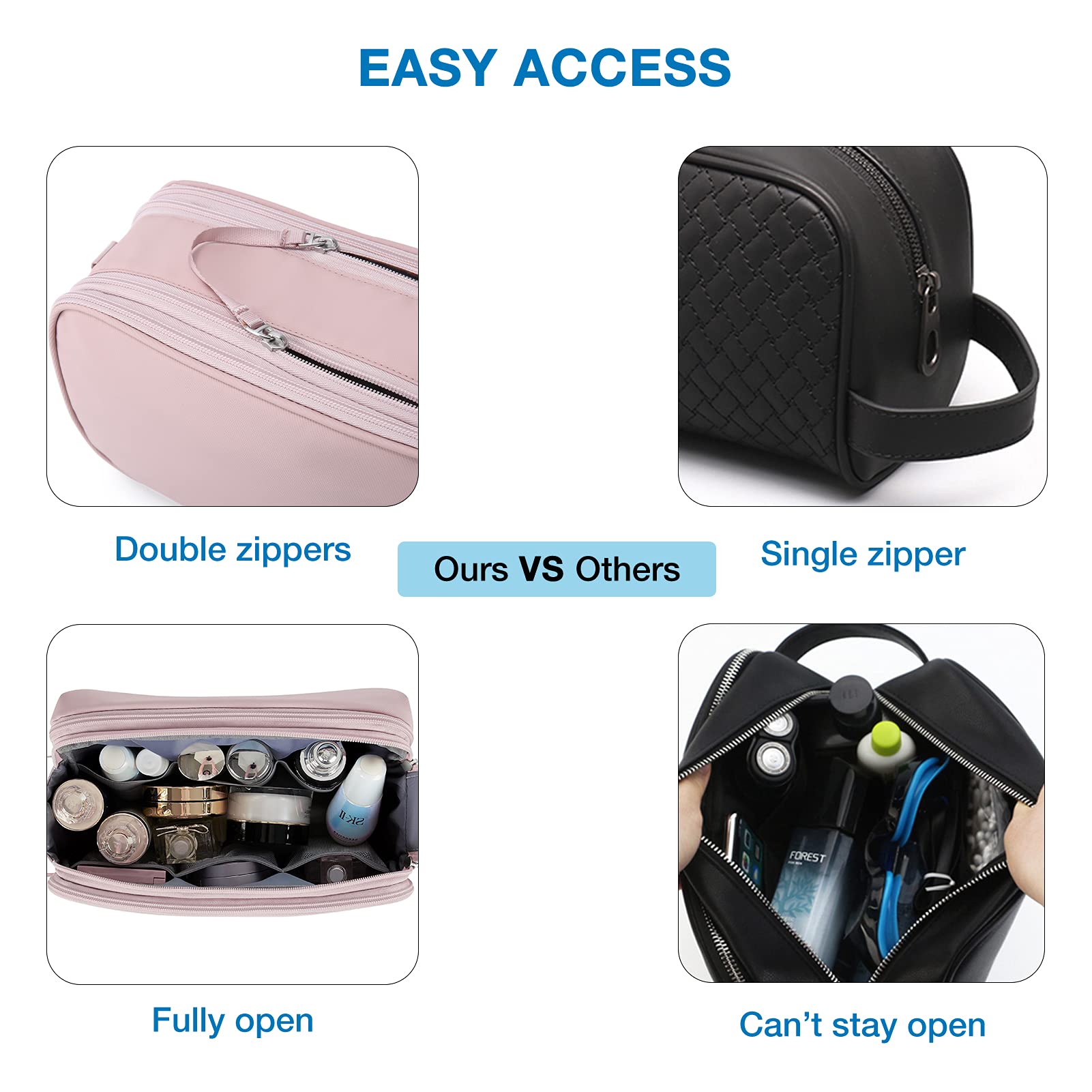 BAGSMART Toiletry Bag back pocket with elastic and zippers for makeup items