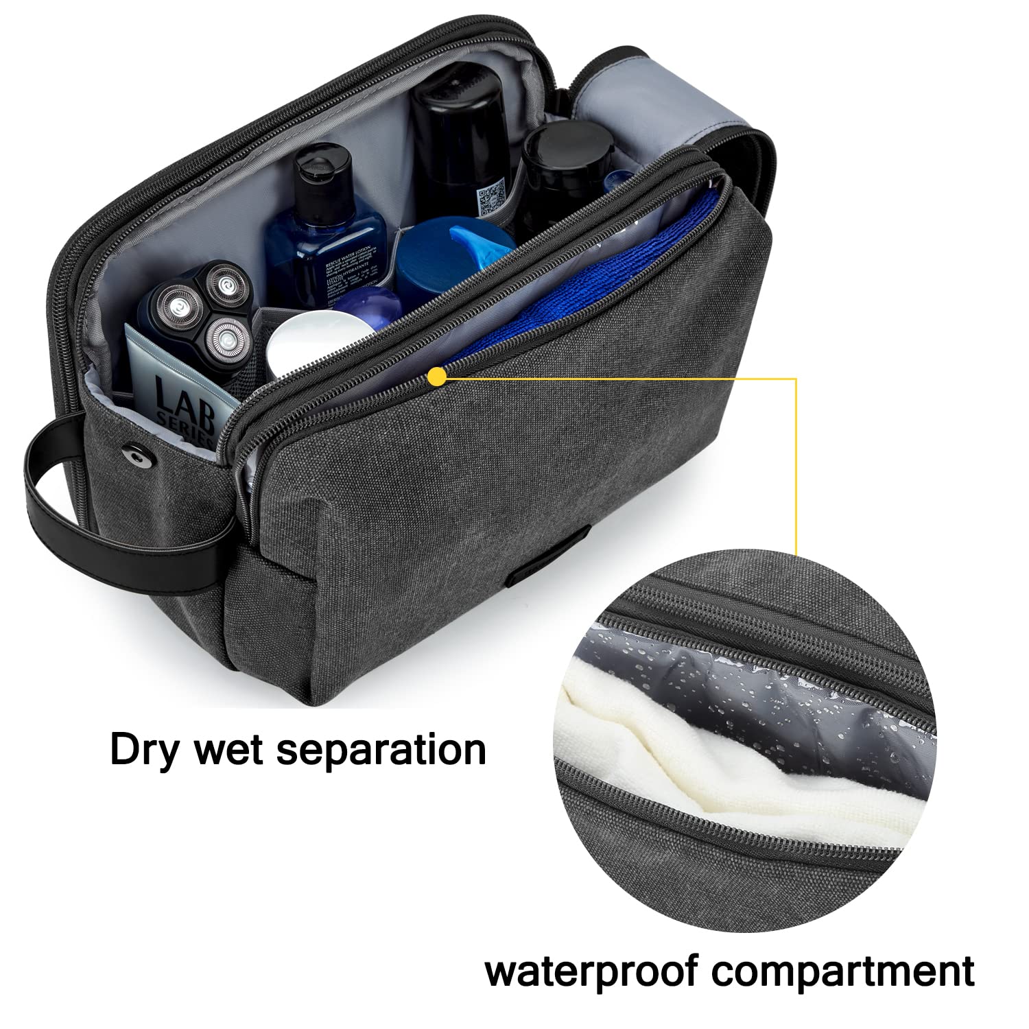 BAGSMART Toiletry Bag Black Large full-open front pocket offers easy access to toiletries on the go.