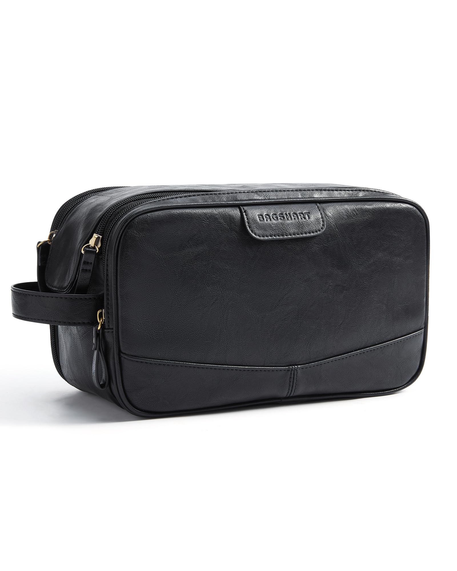 BagSmart Toiletry Bag in black leather close-up showing premium gloss and travel organization