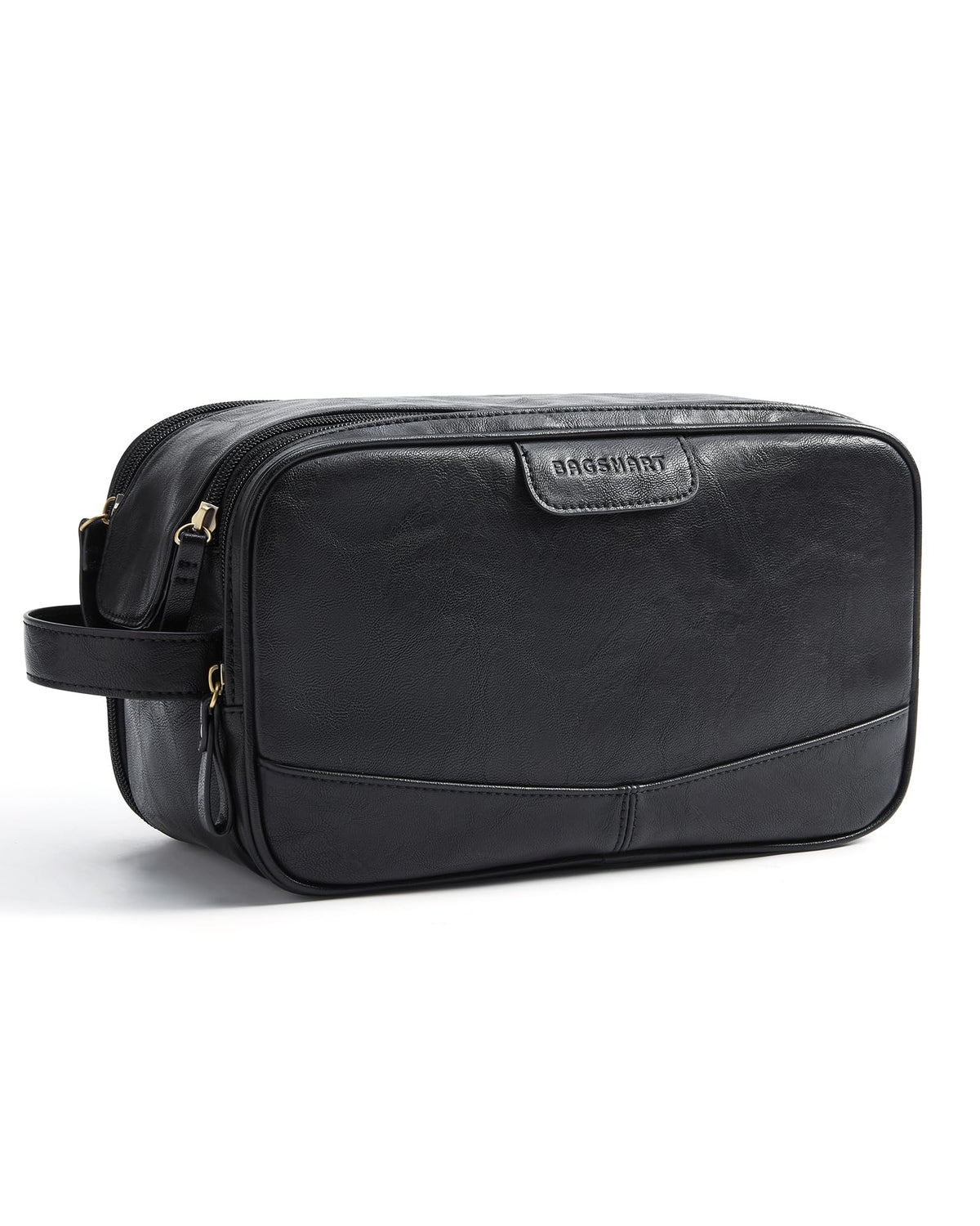 BagSmart Toiletry Bag in black leather close-up showing premium gloss and travel organization