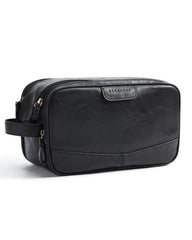 BagSmart Toiletry Bag in black leather close-up showing premium gloss and travel organization