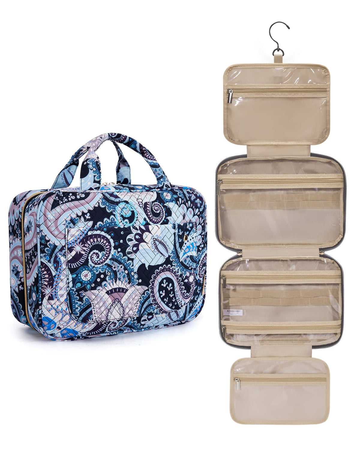 BAGSMART Toiletry Bag Blue Paisley front view showing organized compartments for easy packing.