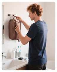 BAGSMART Toiletry Bag in brown PU leather provides soft matte finish for travel ease.