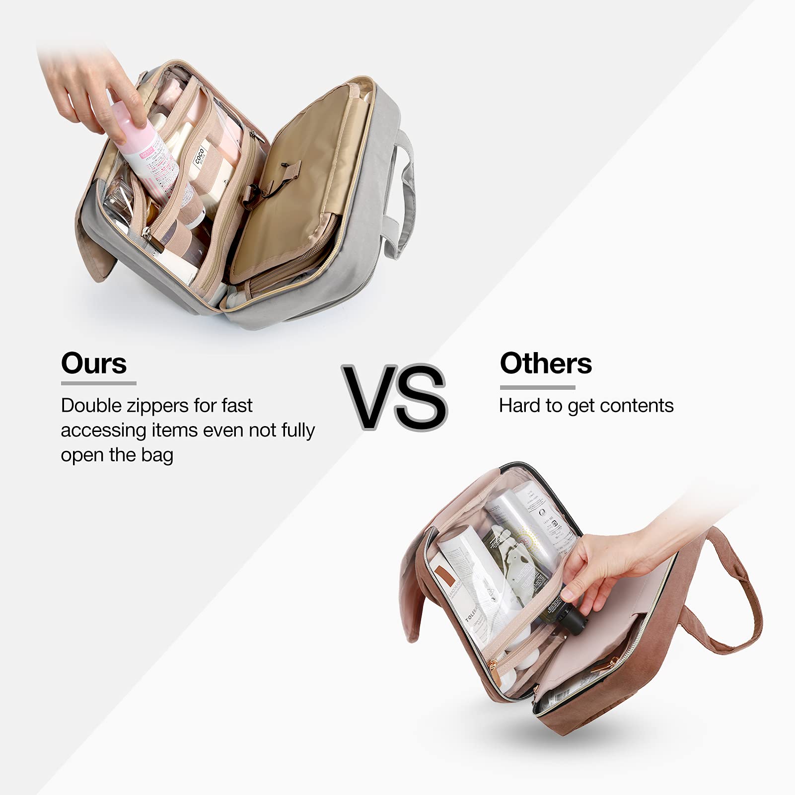 BAGSMART Double Zipper allows fast access to toiletries from either side
