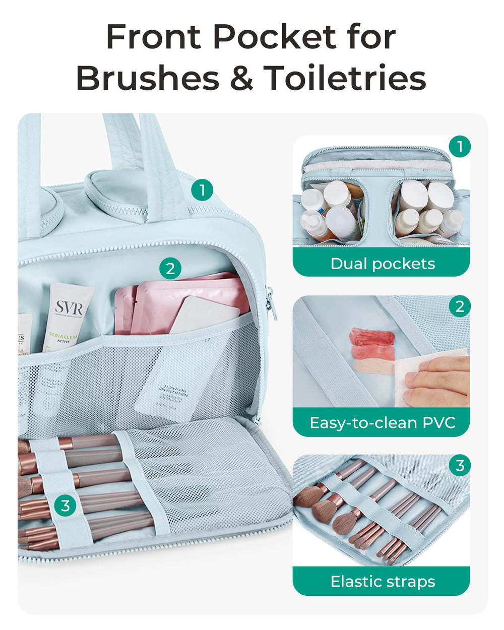 BAGSMART toiletry bag features dry-wet separation for easy cleanup and separation.