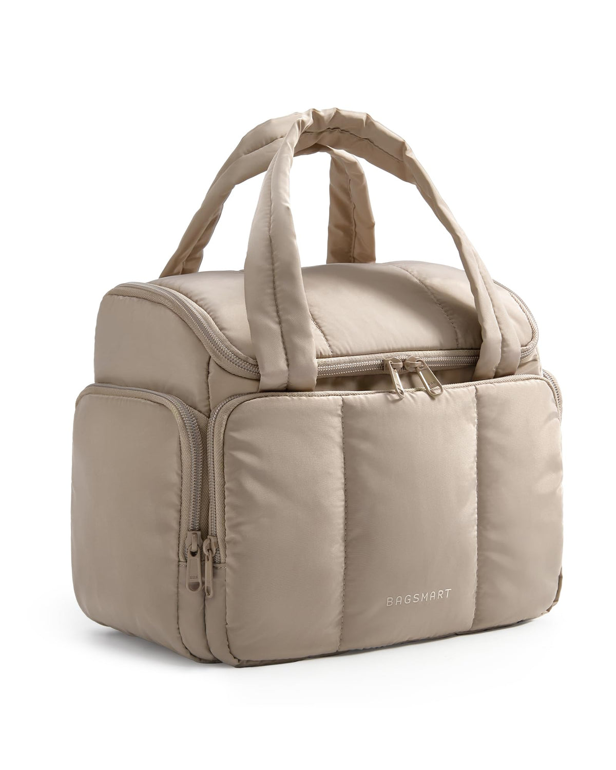 BagSmart toiletry bag with dual-padded handles open, organized makeup and toiletries for easy travel access.