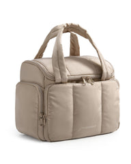 BagSmart toiletry bag with dual-padded handles open, organized makeup and toiletries for easy travel access.