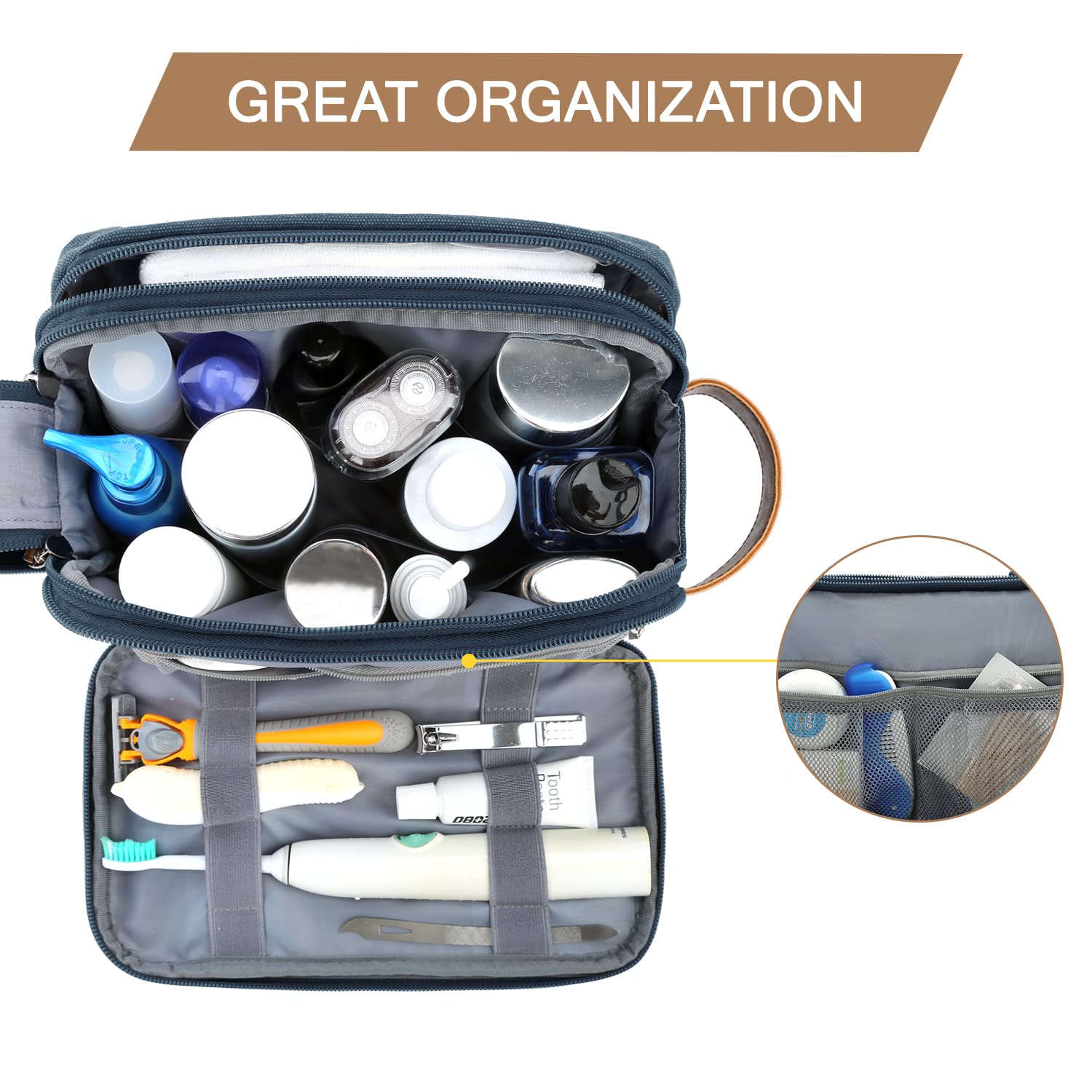 BAGSMART Toiletry Bag elastic-band design keeps contents in place during transit.