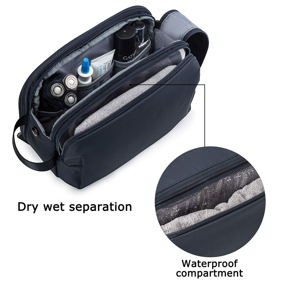 BAGSMART Toiletry Bag for Men navy large double zipper in action for easy access