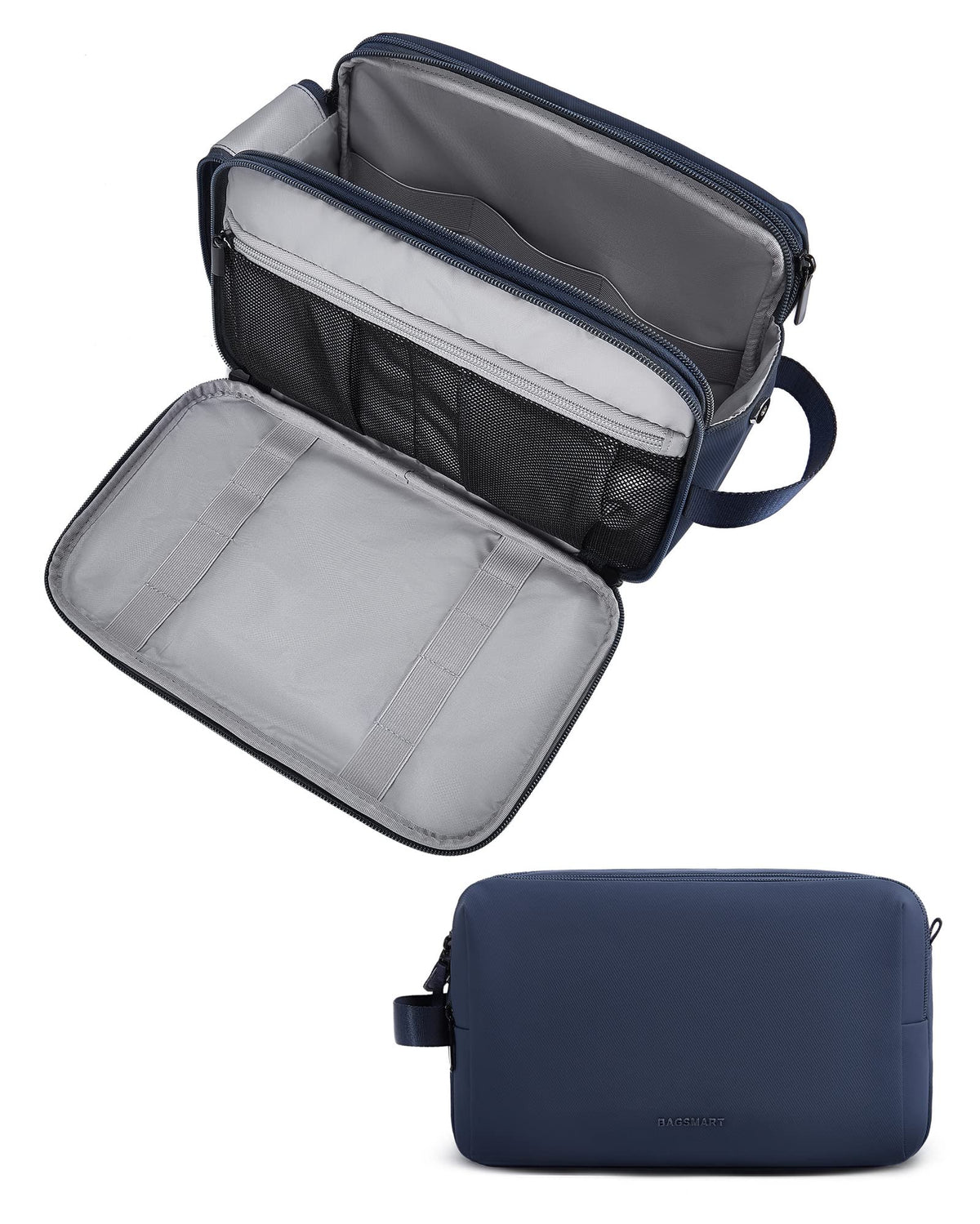 BAGSMART Toiletry Bag for Men navy large front pocket showing wet/dry separation for travel