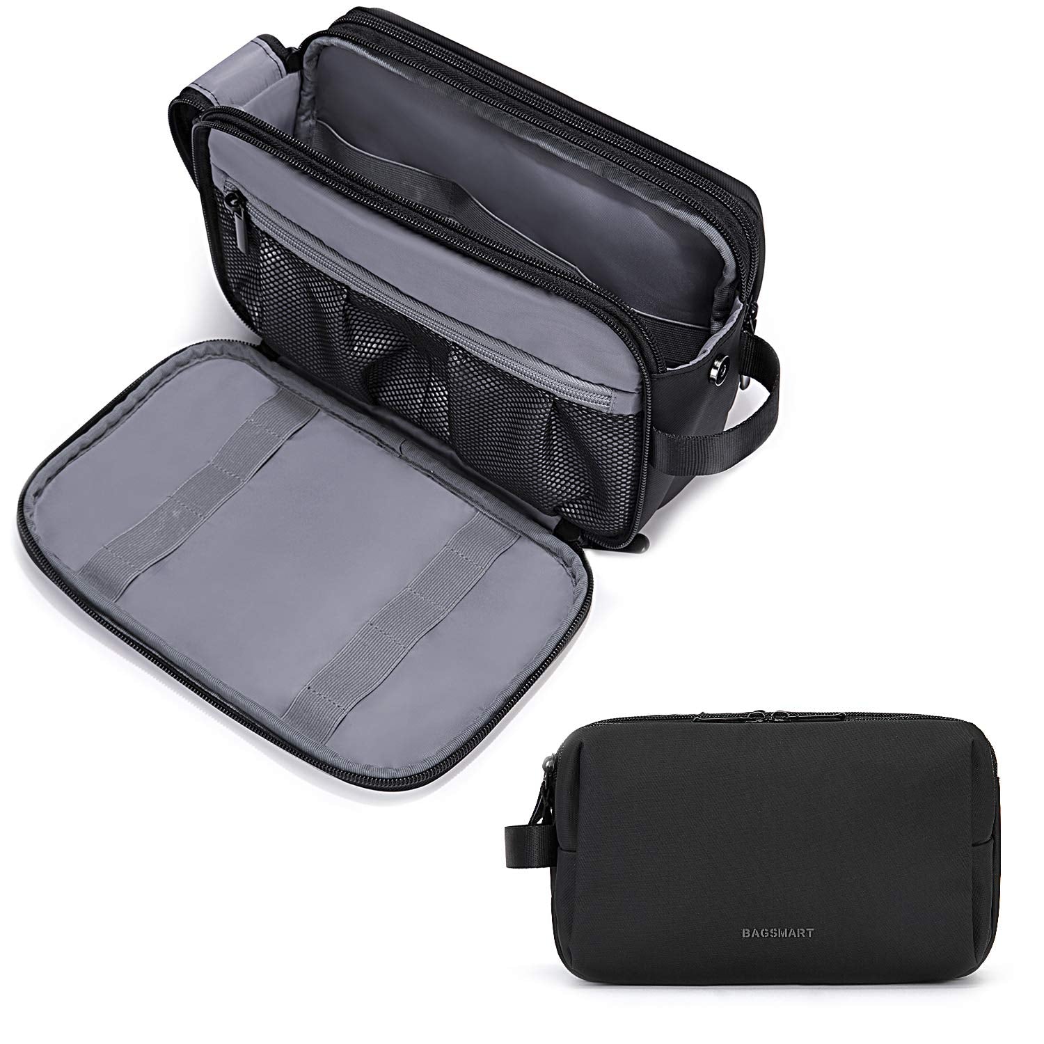 BAGSMART Toiletry Bag front view in black, a compact travel organizer for on-the-go trips.