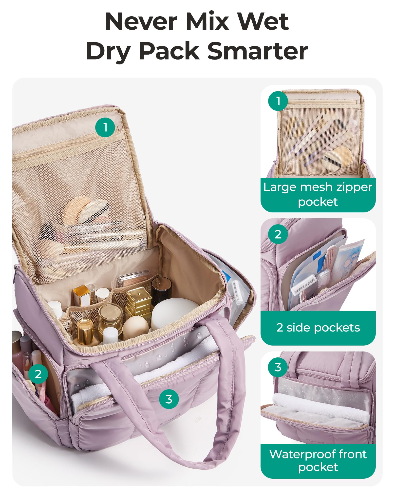 BagSmart front pocket shows wet-dry separation for damp gear staying dry.