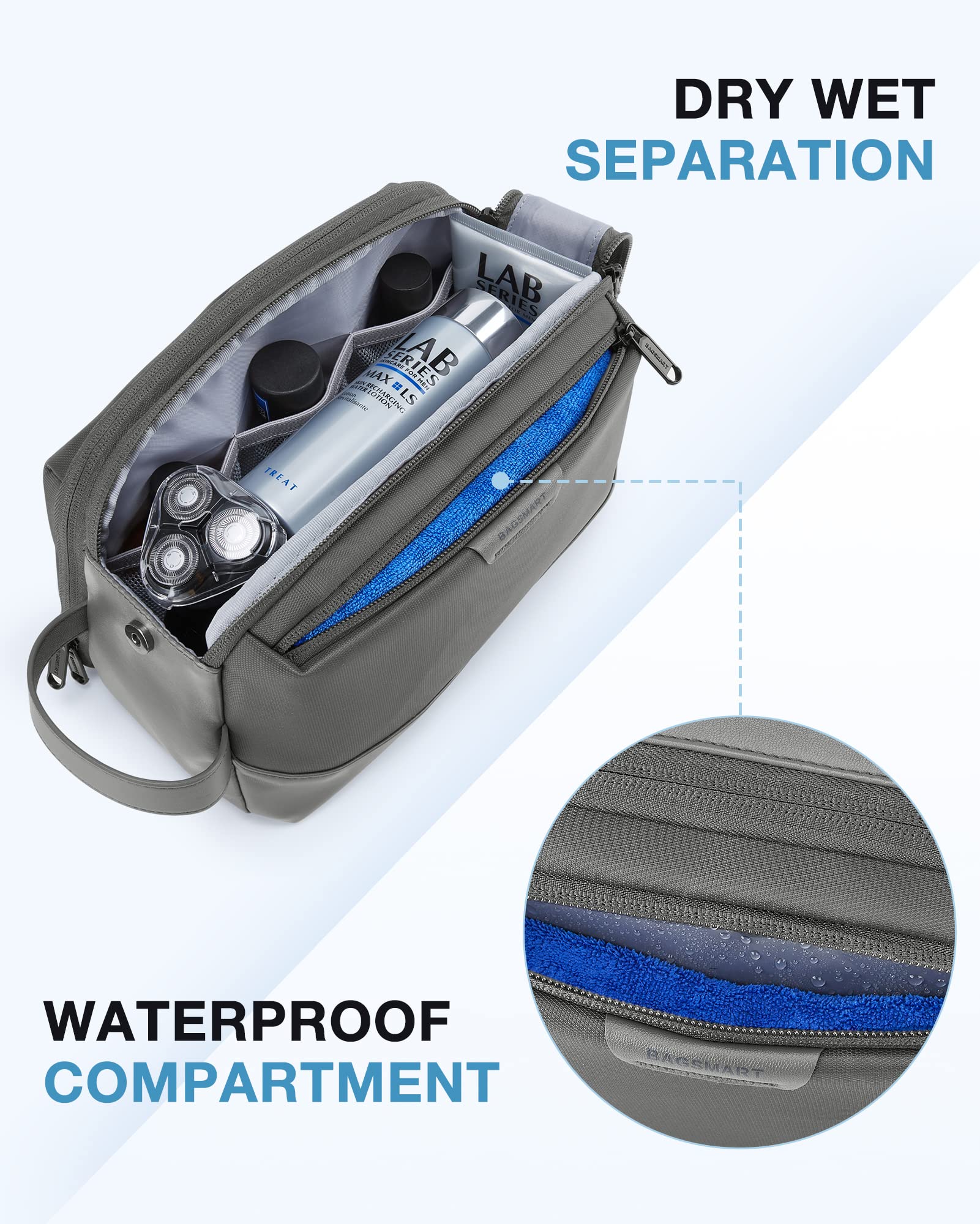 BAGSMART toiletry bag grey back-panel flat layout for bulk-free loading.