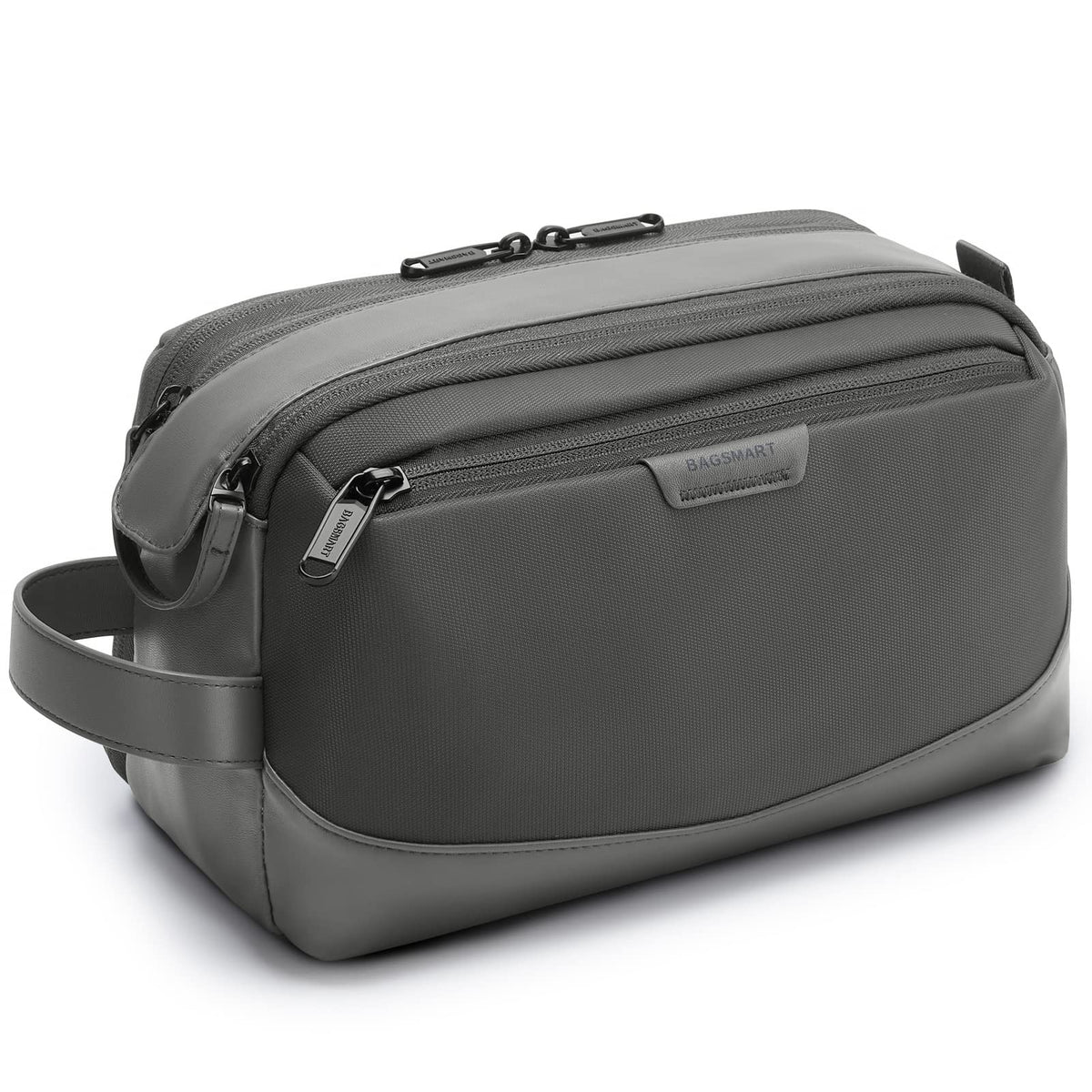 BAGSMART toiletry bag grey front view shows upright storage for easy packing.