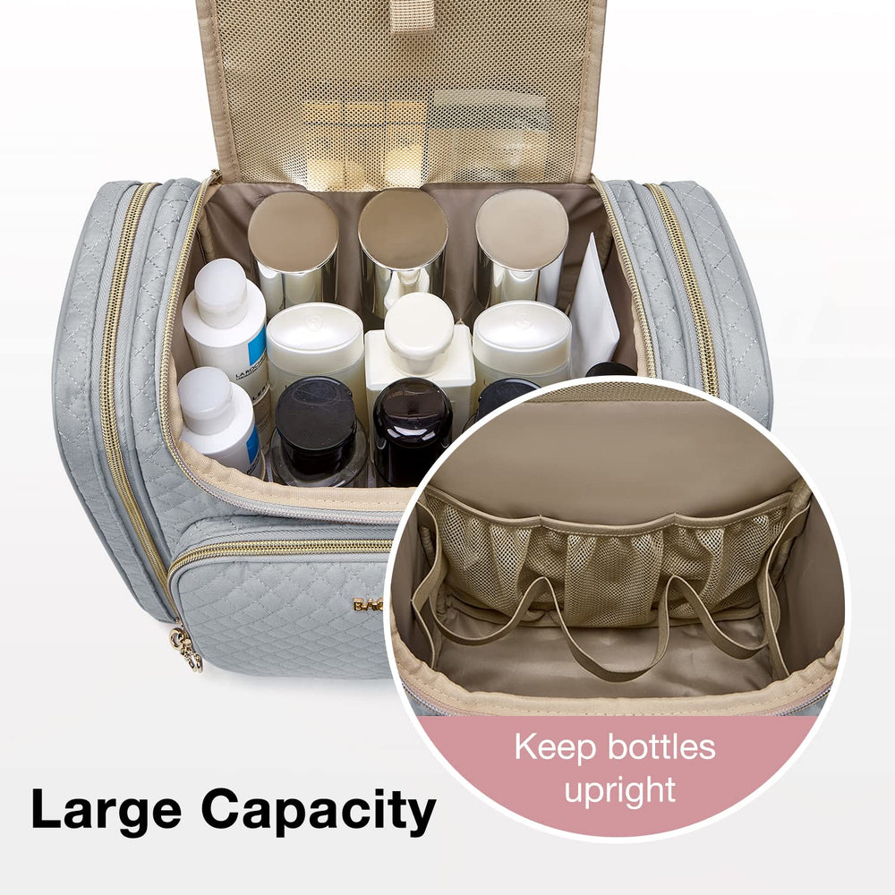 BAGSMART Toiletry Bag grey makeup-brush-area keeps brushes neatly organized for easy packing.