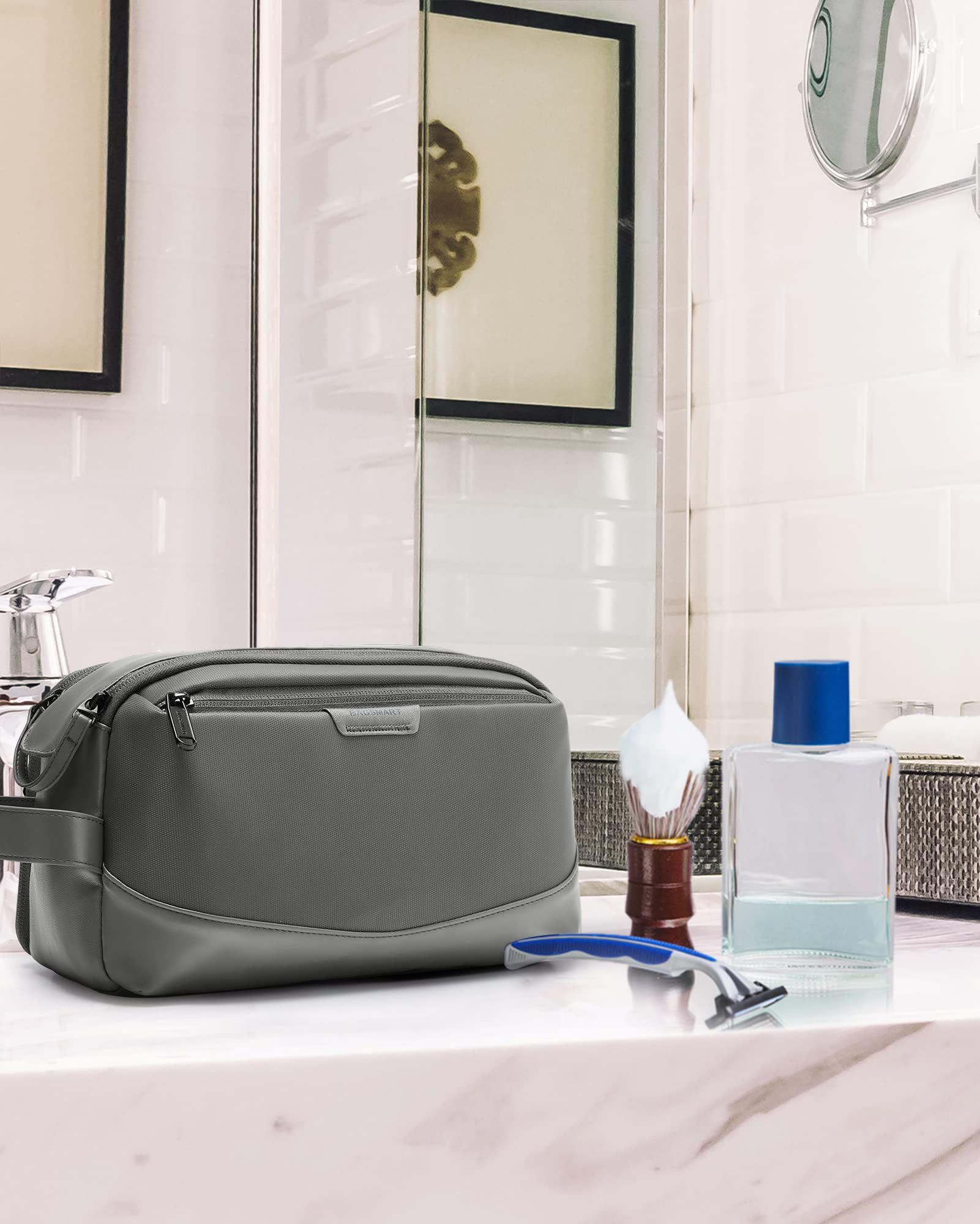BAGSMART toiletry bag grey open zip demonstrates wide opening for quick access.