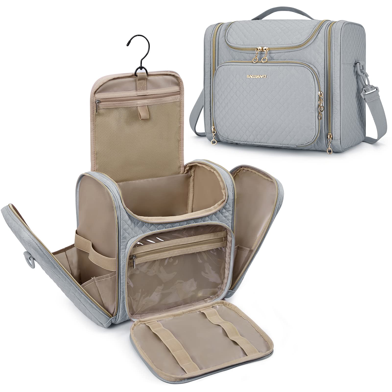 BAGSMART Toiletry Bag grey overview showcases versatile travel organization for full-size essentials.
