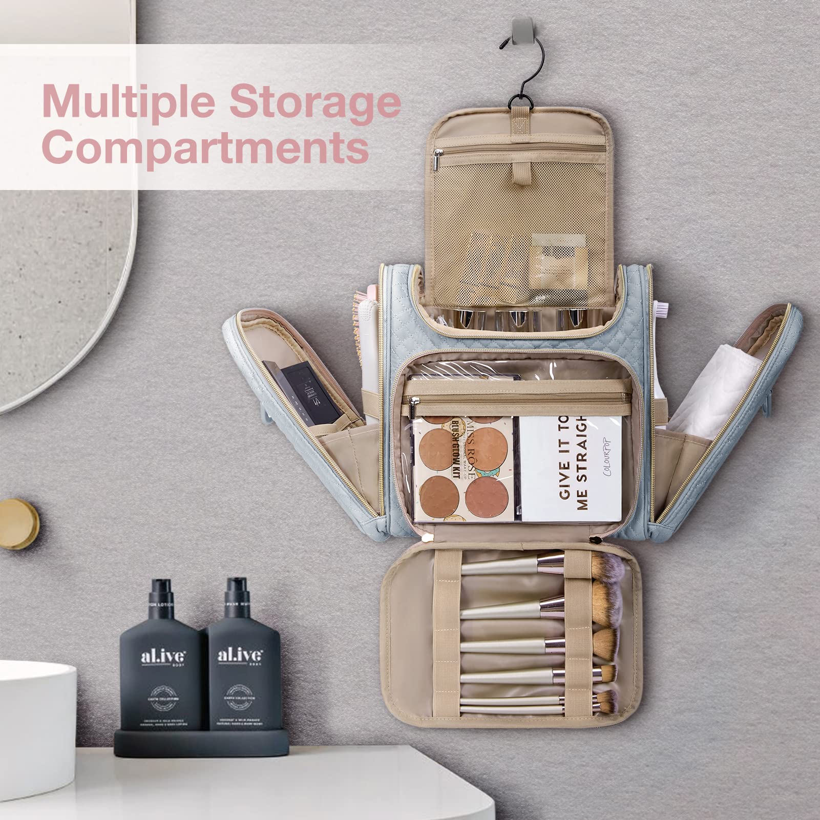 BAGSMART Toiletry Bag grey side-pockets keep wet and dry items separated during travel.
