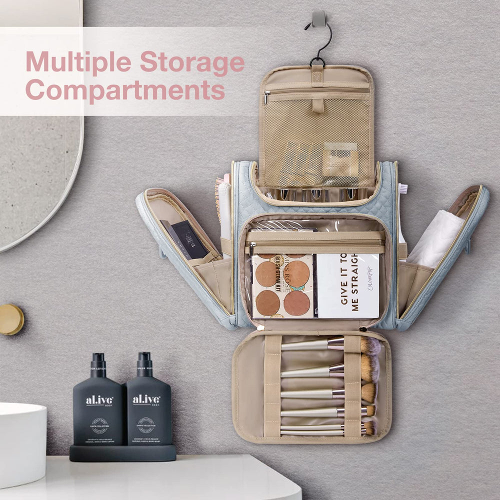 BAGSMART Toiletry Bag grey side-pockets keep wet and dry items separated during travel.