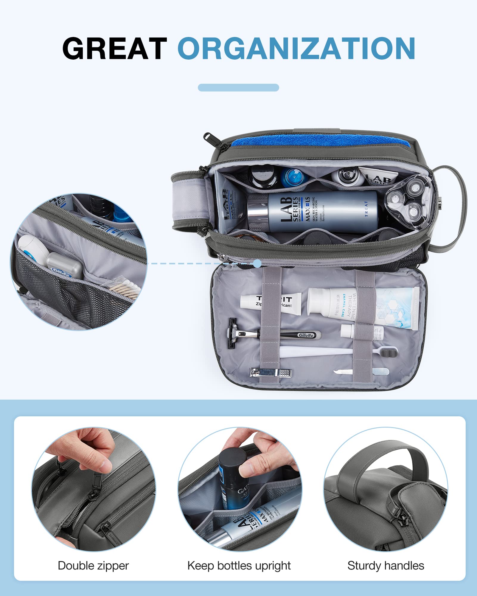 BAGSMART toiletry bag grey wet-dry pocket separates items for clean packing.